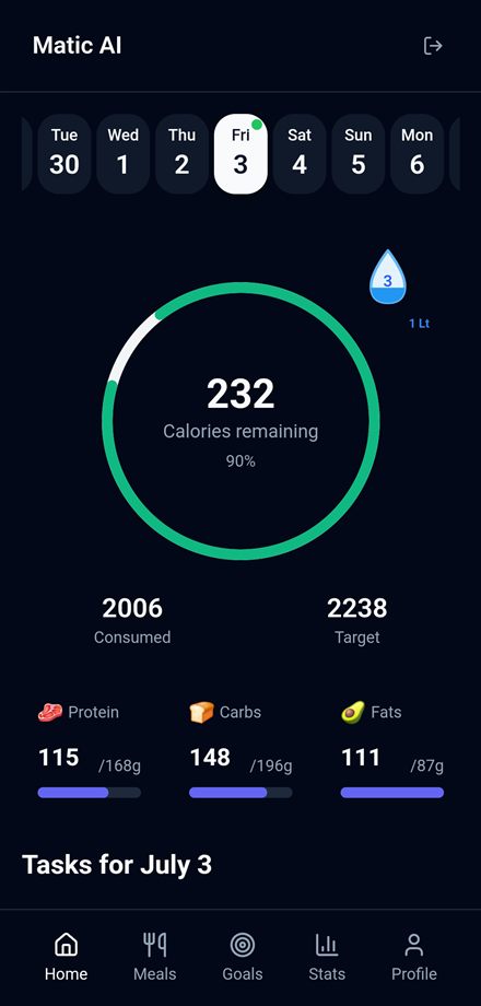 Pantalla de inicio con anillo de calorías