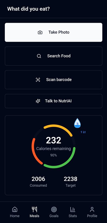 Registrar comida: foto, buscador, código de barras o NutriAI